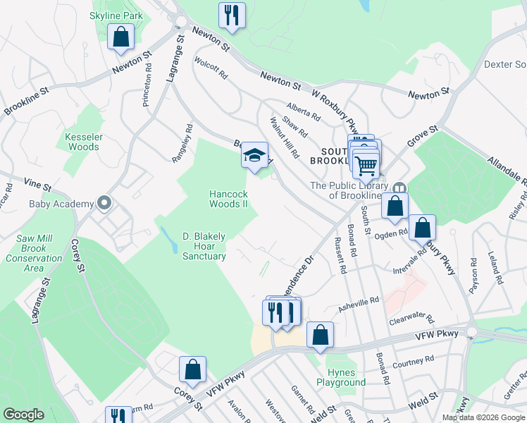 map of restaurants, bars, coffee shops, grocery stores, and more near 178 Gerry Road in Brookline