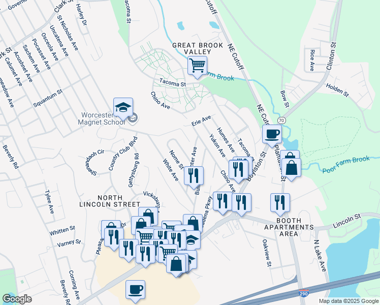 map of restaurants, bars, coffee shops, grocery stores, and more near 5 Miami Street in Worcester