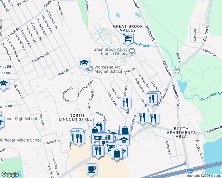 map of restaurants, bars, coffee shops, grocery stores, and more near 46 White Avenue in Worcester