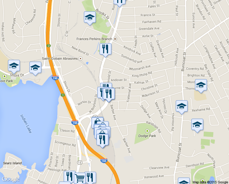 map of restaurants, bars, coffee shops, grocery stores, and more near in Worcester