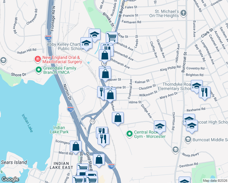 map of restaurants, bars, coffee shops, grocery stores, and more near in Worcester
