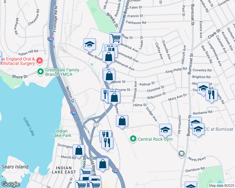 map of restaurants, bars, coffee shops, grocery stores, and more near in Worcester