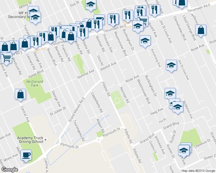 map of restaurants, bars, coffee shops, grocery stores, and more near 2600 Pillette Road in Windsor