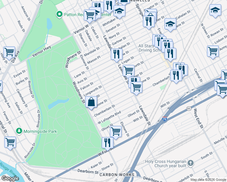 map of restaurants, bars, coffee shops, grocery stores, and more near 8834 Rathbone Street in Detroit