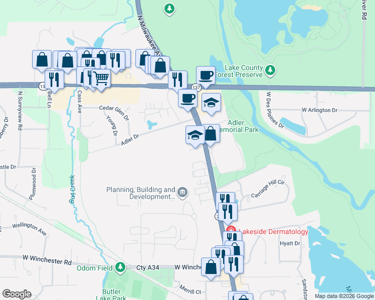 map of restaurants, bars, coffee shops, grocery stores, and more near 145 Finstad Drive in Libertyville