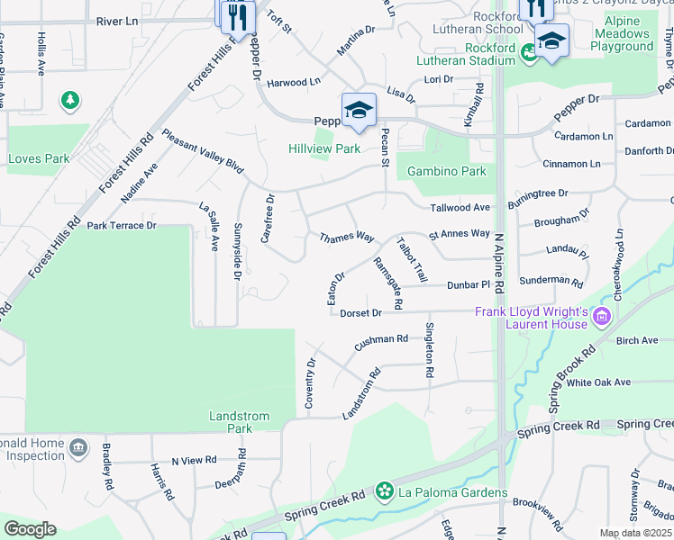 map of restaurants, bars, coffee shops, grocery stores, and more near 3923 Eaton Drive in Rockford