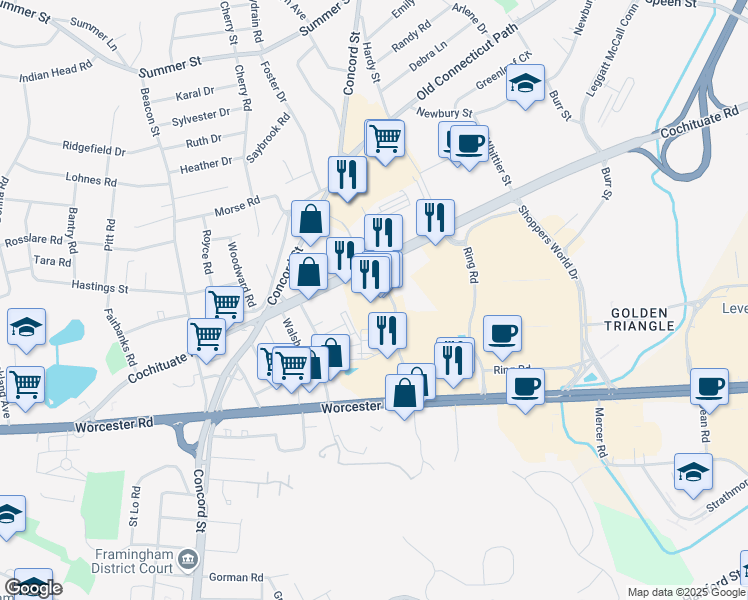 map of restaurants, bars, coffee shops, grocery stores, and more near 301 Cochituate Road in Framingham