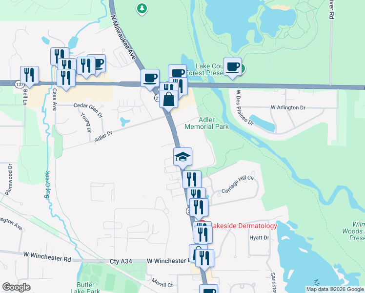map of restaurants, bars, coffee shops, grocery stores, and more near 1700 North Milwaukee Avenue in Libertyville