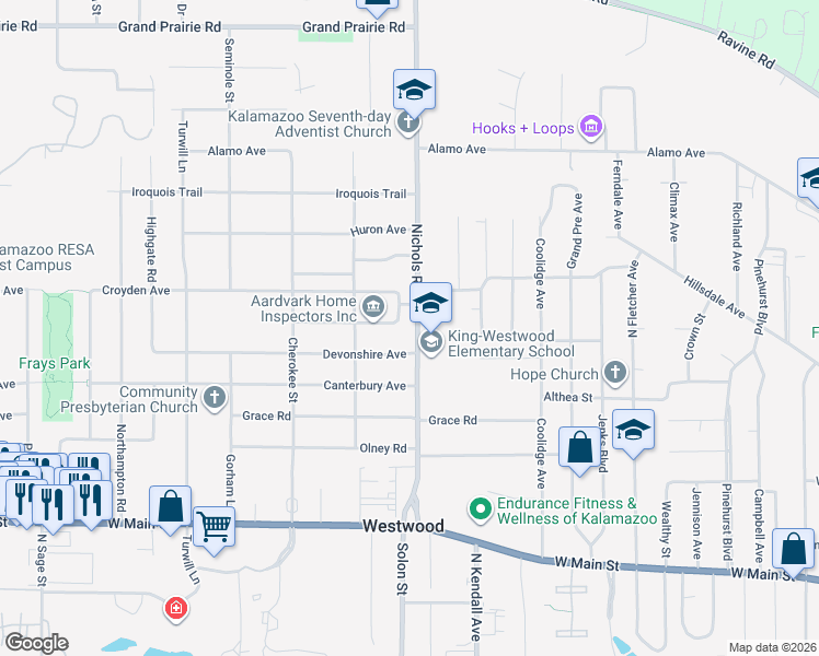 map of restaurants, bars, coffee shops, grocery stores, and more near 1027 Nichols Road in Kalamazoo