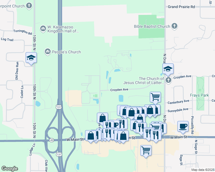 map of restaurants, bars, coffee shops, grocery stores, and more near 1448 Bronson Way in Kalamazoo