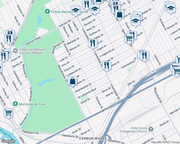 map of restaurants, bars, coffee shops, grocery stores, and more near 8834 Rathbone Street in Detroit