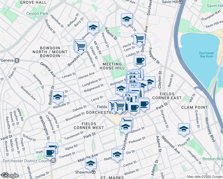 map of restaurants, bars, coffee shops, grocery stores, and more near 28 Arcadia Street in Boston