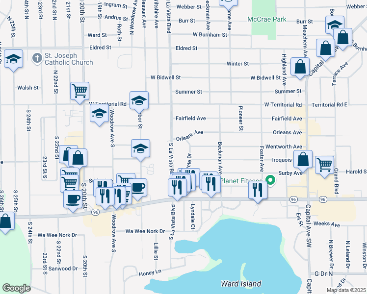 map of restaurants, bars, coffee shops, grocery stores, and more near 100 Circle Drive in Battle Creek