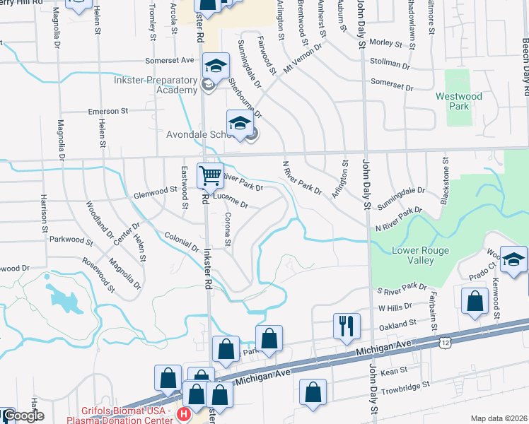 map of restaurants, bars, coffee shops, grocery stores, and more near 27093 Lucerne Drive in Inkster