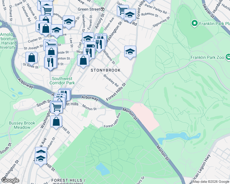 map of restaurants, bars, coffee shops, grocery stores, and more near 327 Forest Hills Street in Boston