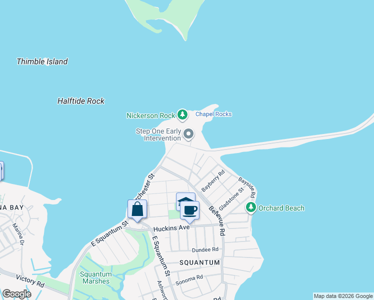 map of restaurants, bars, coffee shops, grocery stores, and more near 47 Moon Island Road in Quincy