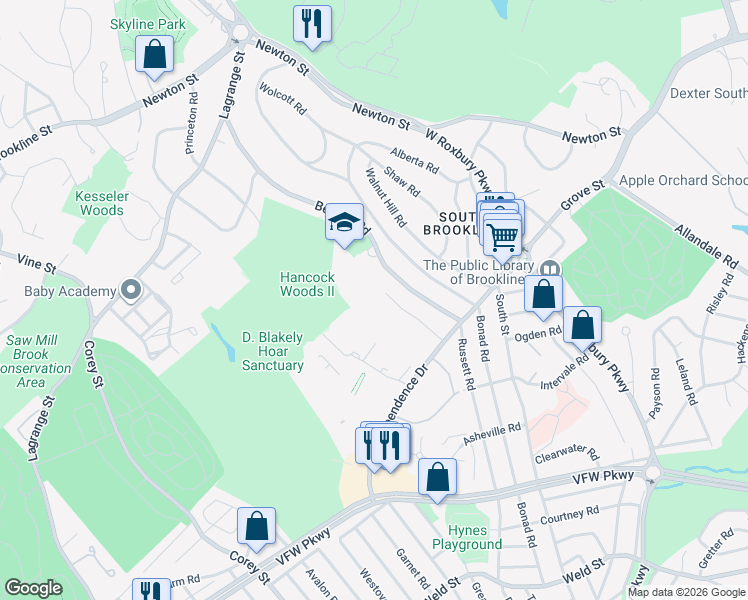map of restaurants, bars, coffee shops, grocery stores, and more near 149 Gerry Road in Brookline