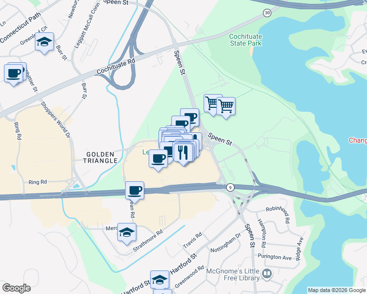 map of restaurants, bars, coffee shops, grocery stores, and more near 58 Natick Mall Road in Natick