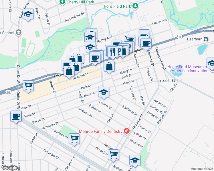 map of restaurants, bars, coffee shops, grocery stores, and more near 22463 Nona Street in Dearborn