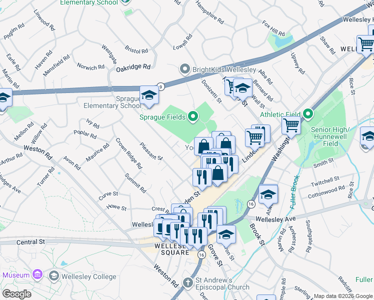 map of restaurants, bars, coffee shops, grocery stores, and more near 29 Oak Street in Wellesley
