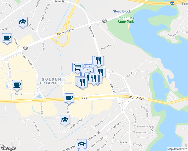 map of restaurants, bars, coffee shops, grocery stores, and more near 87 Natick Mall Road in Natick
