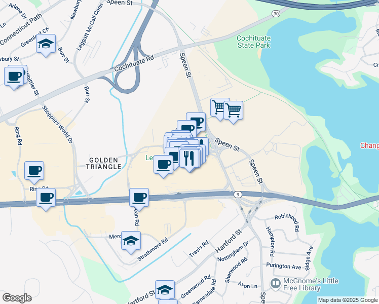 map of restaurants, bars, coffee shops, grocery stores, and more near 79 Natick Mall Road in Natick