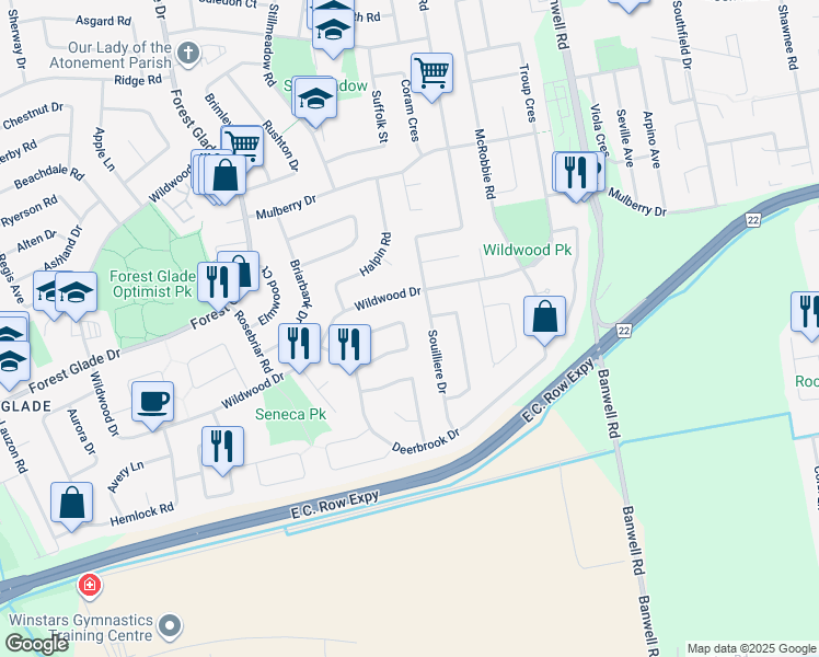 map of restaurants, bars, coffee shops, grocery stores, and more near 10592 Halstead Crescent in Windsor