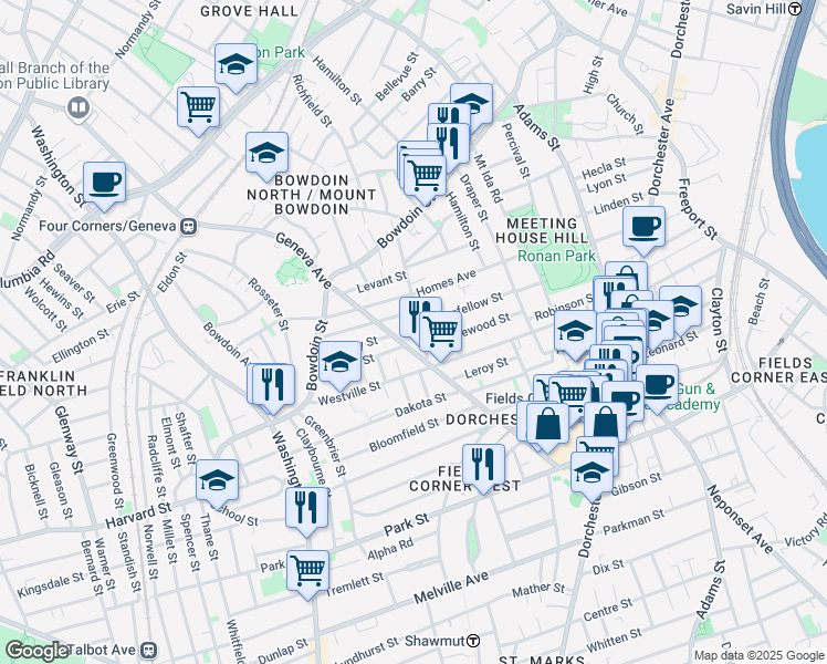 map of restaurants, bars, coffee shops, grocery stores, and more near 379 Geneva Avenue in Boston