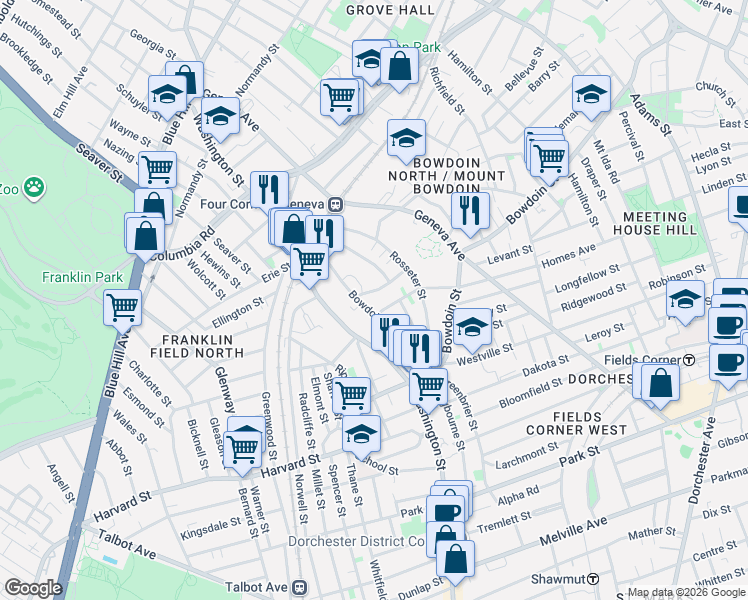 map of restaurants, bars, coffee shops, grocery stores, and more near 54 Bowdoin Avenue in Boston
