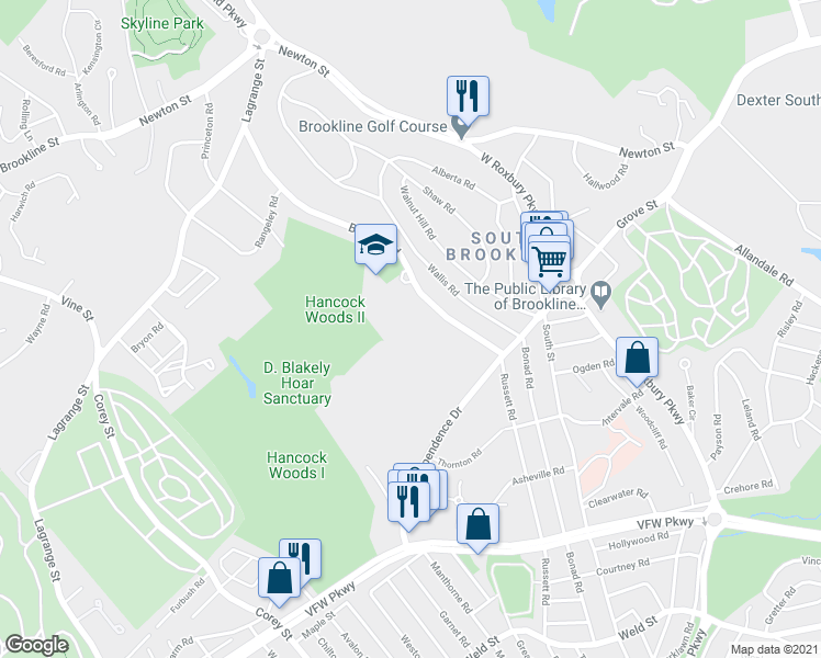 map of restaurants, bars, coffee shops, grocery stores, and more near 149 Gerry Road in Brookline