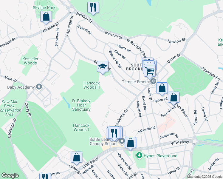 map of restaurants, bars, coffee shops, grocery stores, and more near 149 Gerry Road in Brookline