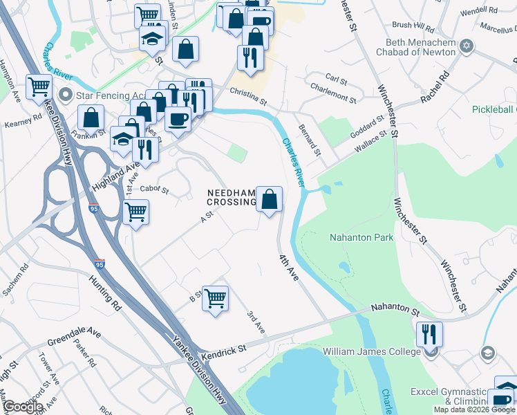 map of restaurants, bars, coffee shops, grocery stores, and more near 33 4th Avenue in Needham