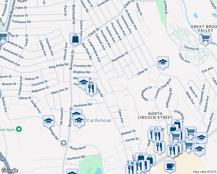 map of restaurants, bars, coffee shops, grocery stores, and more near 7 Hillsboro Road in Worcester