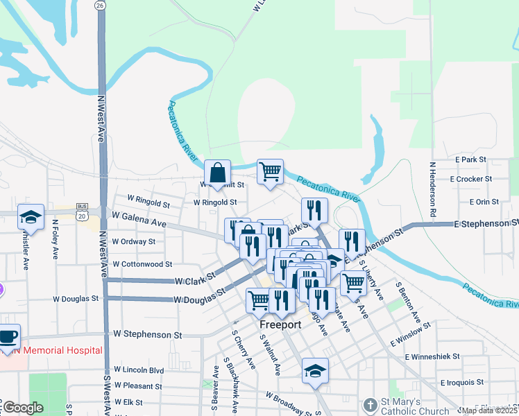 map of restaurants, bars, coffee shops, grocery stores, and more near 4 East Linden Street in Freeport