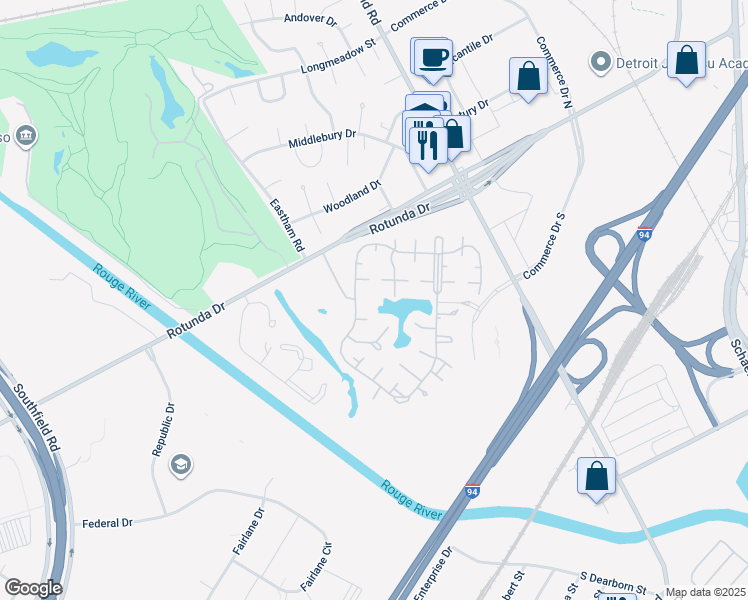 map of restaurants, bars, coffee shops, grocery stores, and more near 16055 Knollwood Drive in Dearborn