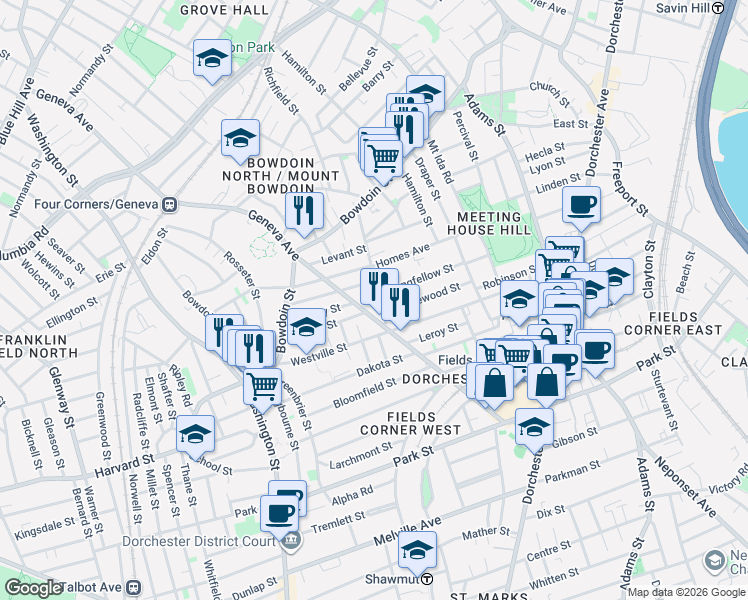 map of restaurants, bars, coffee shops, grocery stores, and more near 379 Geneva Avenue in Boston