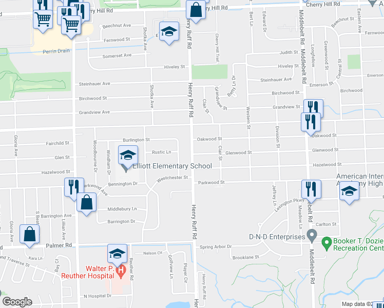 map of restaurants, bars, coffee shops, grocery stores, and more near South Henry Ruff Road in Inkster