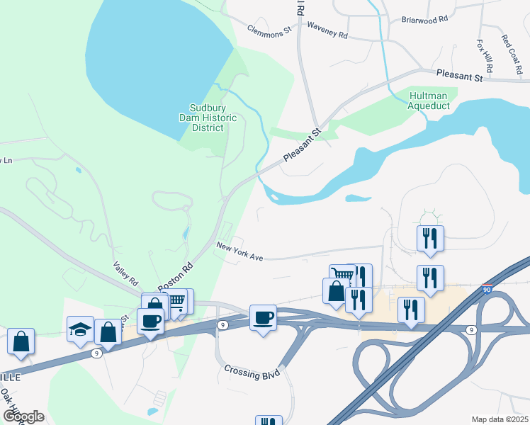 map of restaurants, bars, coffee shops, grocery stores, and more near 31 New York Avenue in Framingham