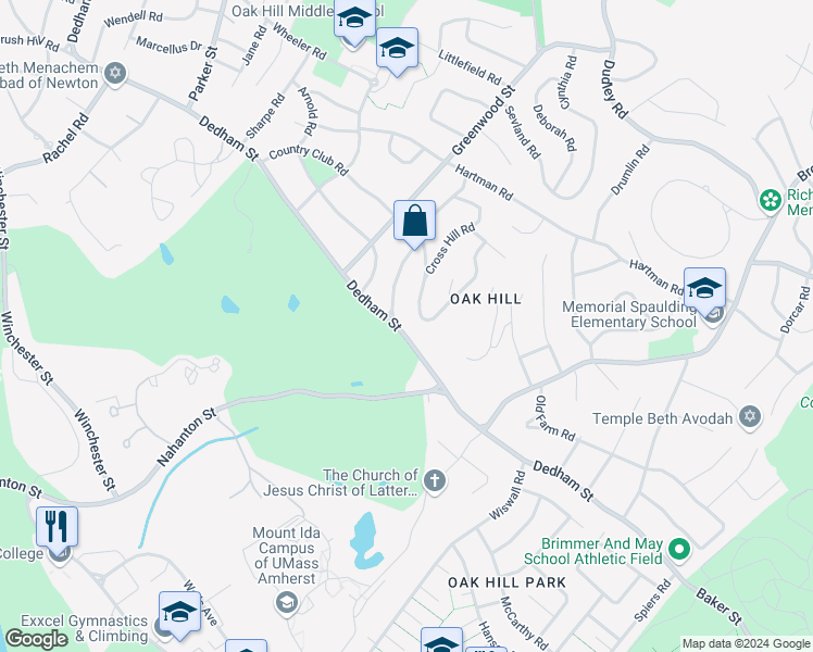 map of restaurants, bars, coffee shops, grocery stores, and more near 678 Dedham Street in Newton
