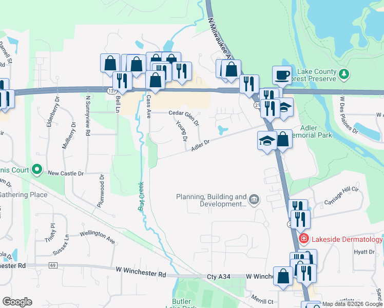 map of restaurants, bars, coffee shops, grocery stores, and more near 215 Adler Drive in Libertyville