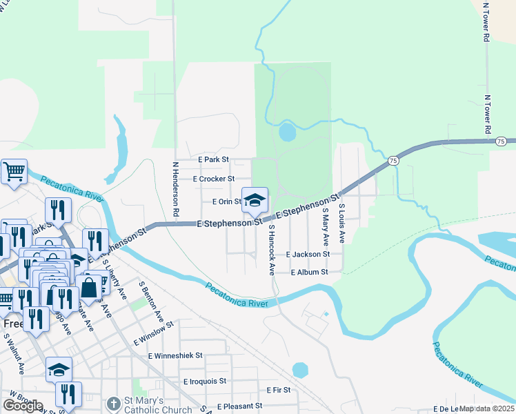 map of restaurants, bars, coffee shops, grocery stores, and more near 806 East Stephenson Street in Freeport