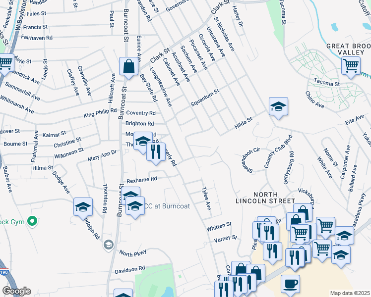 map of restaurants, bars, coffee shops, grocery stores, and more near 7 Hillsboro Road in Worcester