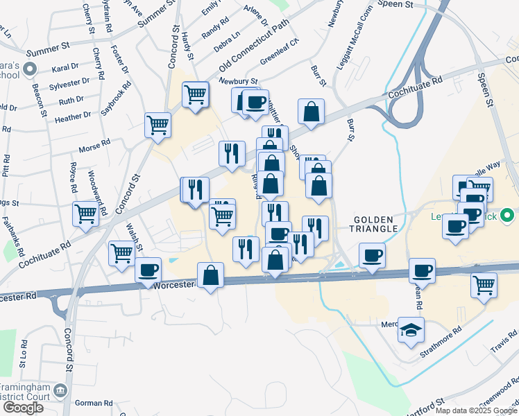 map of restaurants, bars, coffee shops, grocery stores, and more near Ring Road in Framingham