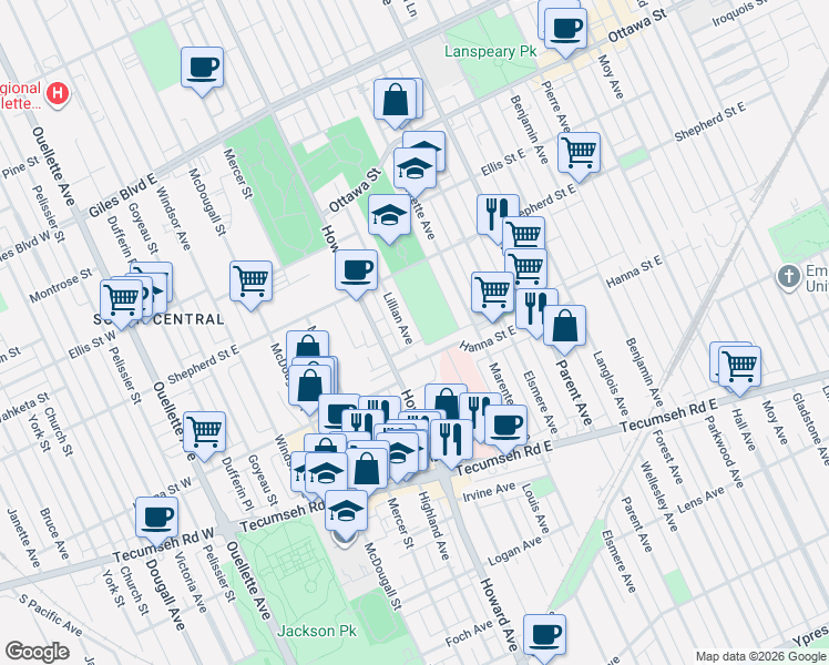 map of restaurants, bars, coffee shops, grocery stores, and more near 1576 Howard Avenue in Windsor