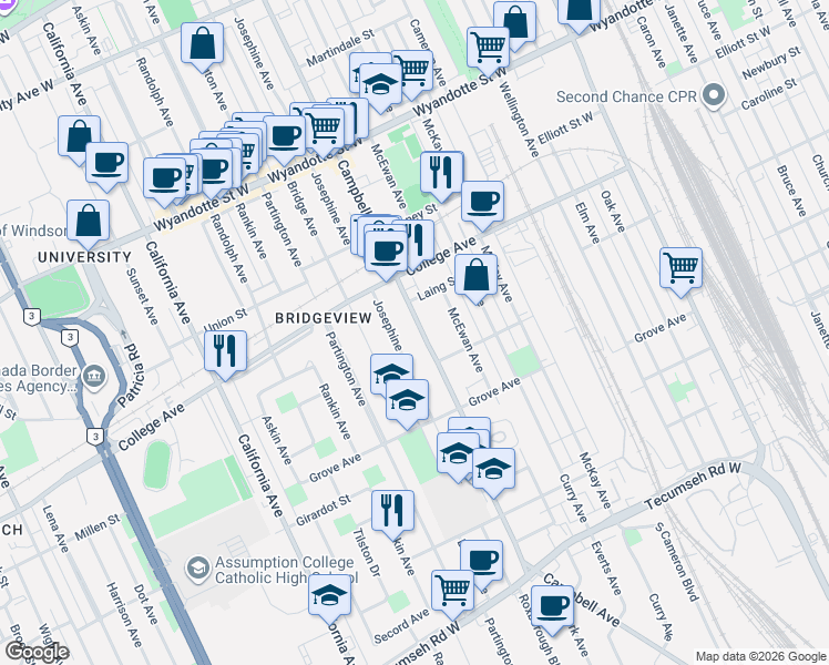 map of restaurants, bars, coffee shops, grocery stores, and more near in Windsor