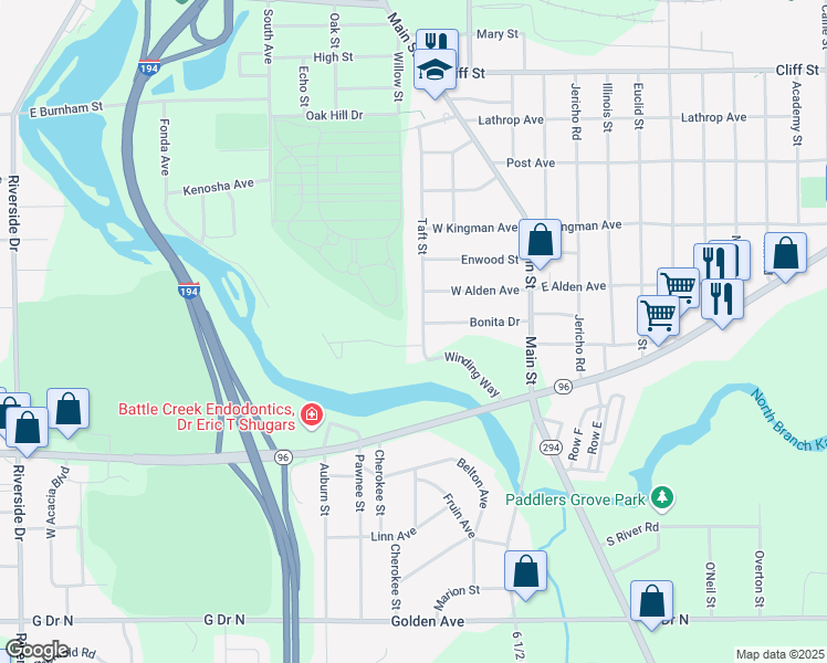 map of restaurants, bars, coffee shops, grocery stores, and more near 296 Taft Street in Battle Creek