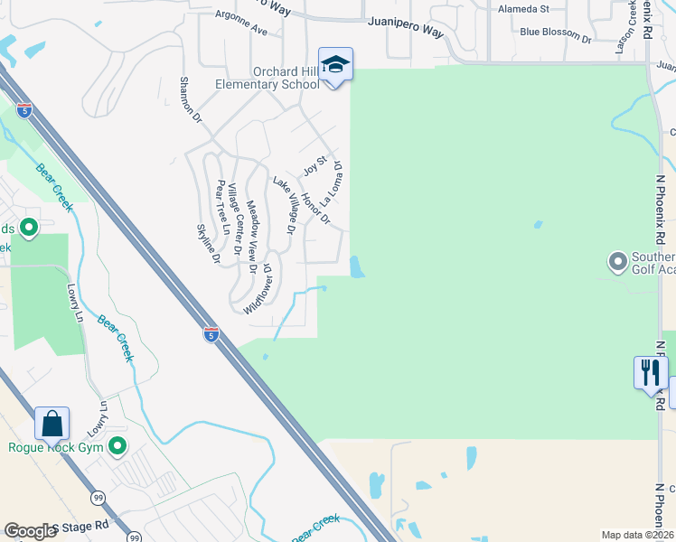 map of restaurants, bars, coffee shops, grocery stores, and more near 1449 La Loma Drive in Medford