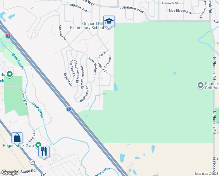 map of restaurants, bars, coffee shops, grocery stores, and more near 1449 La Loma Drive in Medford