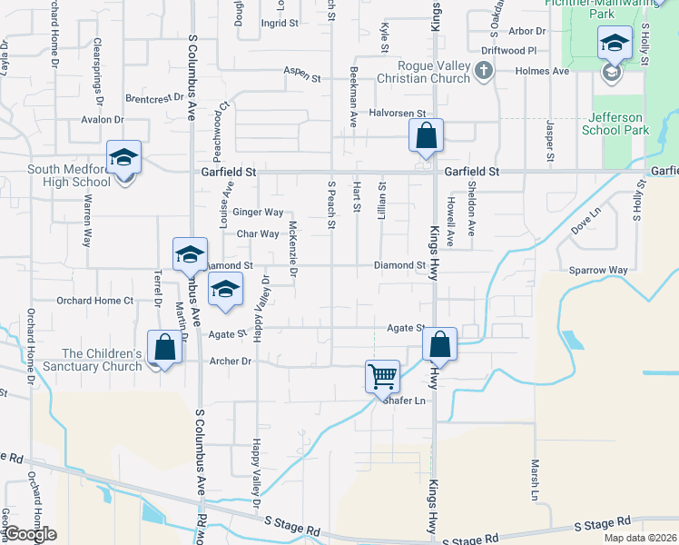 map of restaurants, bars, coffee shops, grocery stores, and more near 2079 S Peach St in Medford
