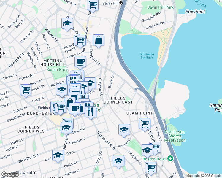 map of restaurants, bars, coffee shops, grocery stores, and more near 48 Beach Street in Boston